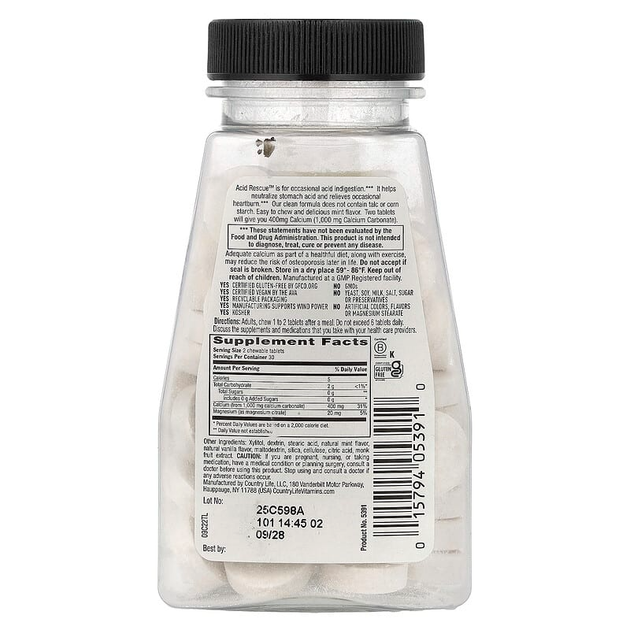 Карбонат кальция Country Life "Acid Rescue Calcium Carbonate" с цитратом магния, мятный вкус, 1000 мг (60 жевательных таблеток) - изображение 2