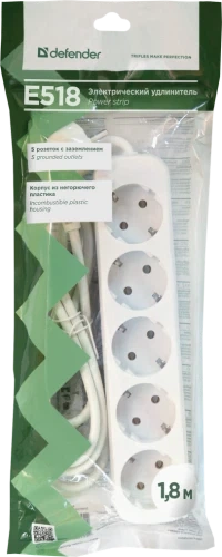 Подовжувач мережевий Defender E518, 5 розеток, 1.8 м, White (99229) - Фото 4 Подовжувач мережевий Defender E518, 5 розеток, 1.8 м, White (99229) - зображення 4