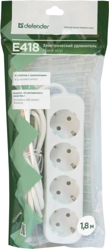 Подовжувач мережевий Defender E418, 4 розетки, 1.8 м, White (99225) - зображення 4
