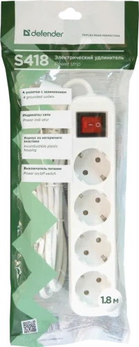 Фільтр мережевий Defender S418, 4 розетки, 1.8 м, White (99237) - зображення 4