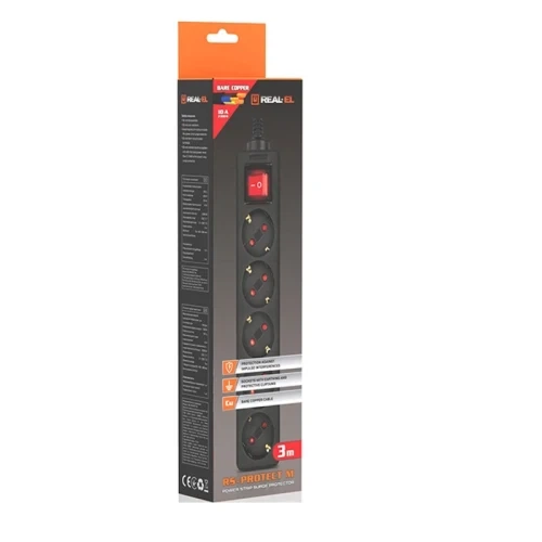 Фільтр мережевий REAL-EL RS-Protect M, 5 розеток, 3 м, Black (EL122300028) - зображення 2