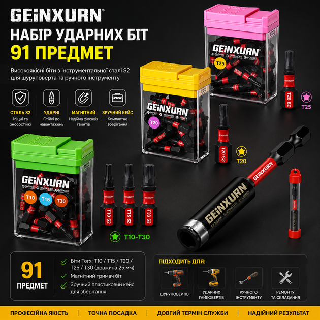 Набор ударных бит Geinxurn 91 предмет - биты Torx T10-T30 из стали S2 в кейсе для шуруповерта и инструмента - Фото 1 Набор ударных бит Geinxurn 91 предмет - биты Torx T10-T30 из стали S2 в кейсе для шуруповерта и инструмента - изображение 1
