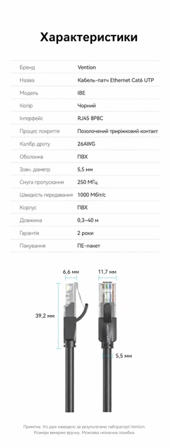 Патч-корд Vention Cat 6 UTP RJ45 1000 Мбіт/с 250 МГц 40 м Чорний (IBEBV) - зображення 10