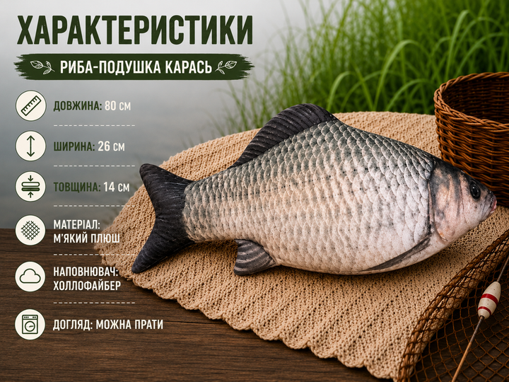 Декоративная плюшевая мягкая реалистичная подушка рыба КАРАСЬ 80см для дома подарка - изображение 3
