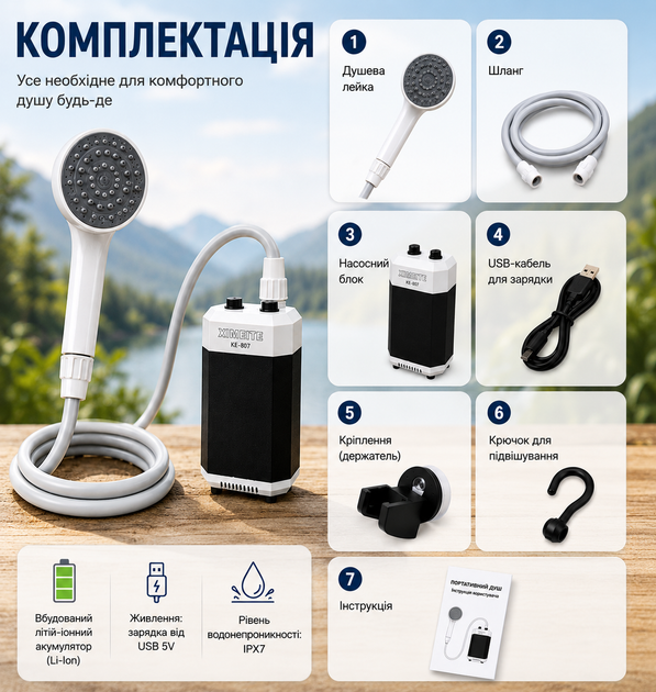 Портативный аккумуляторный кемпинговый туристический автономный душ с насосом для дачи полевых условий - Фото 5 Портативный аккумуляторный кемпинговый туристический автономный душ с насосом для дачи полевых условий - изображение 5
