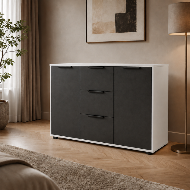 Комод Vesta 1200x450x750 з шухлядами та дверцятами для спальні, вітальні, передпокою Антрацит/Білий - Фото 2 Комод Vesta 1200x450x750 з шухлядами та дверцятами для спальні, вітальні, передпокою Антрацит/Білий - зображення 2
