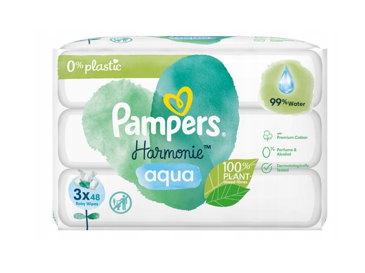 Дитячі вологі серветки Pampers Harmonie Aqua 3 пачки х 48 шт - Фото 1 Дитячі вологі серветки Pampers Harmonie Aqua 3 пачки х 48 шт - зображення 1
