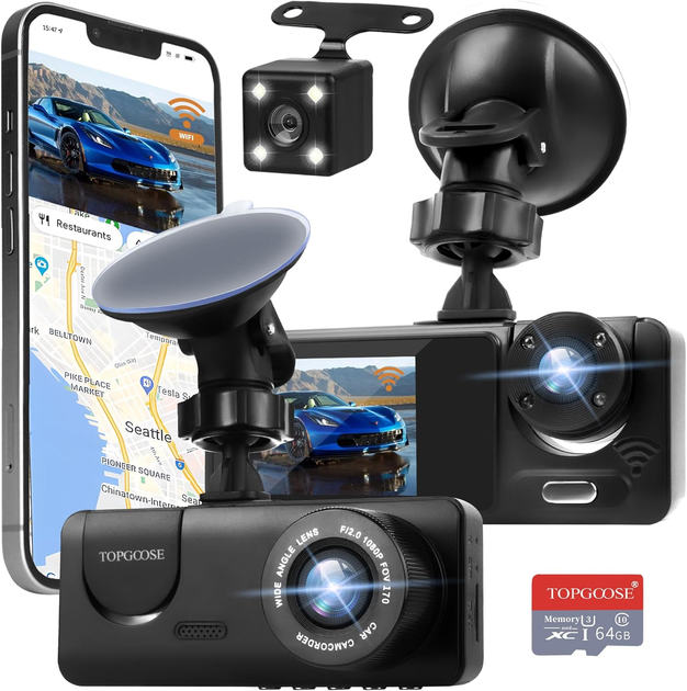 Автомобильный видеорегистратор 3-канальный TOPGOOSE WiFi FHD 1080P ночное видение G-сенсор карта 64 ГБ в комплекте - изображение 2