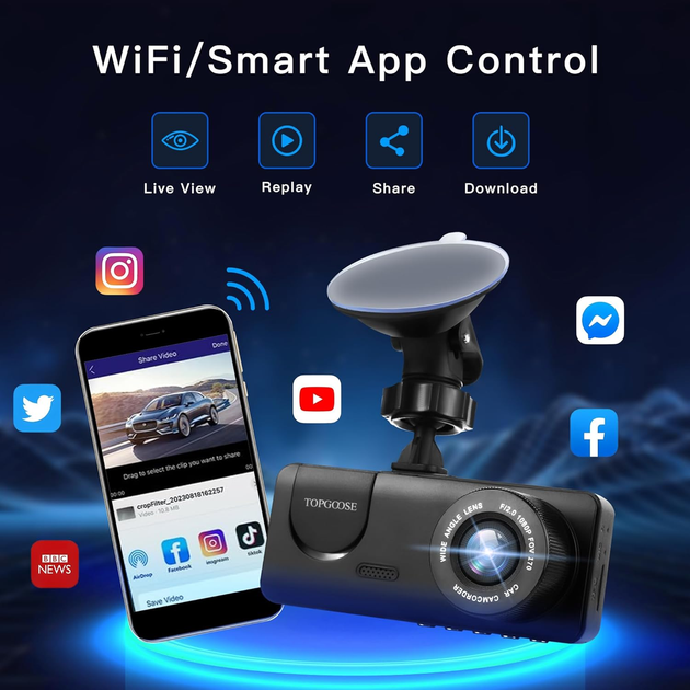 Автомобильный видеорегистратор 3-канальный TOPGOOSE WiFi FHD 1080P ночное видение G-сенсор карта 64 ГБ в комплекте - изображение 3