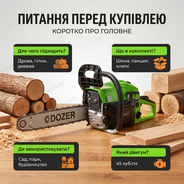 Бензопила Dozer DT-01 2.1Квт для дров садово-будівельних робіт бензинова шина 40см ланцюгова 10500об/хв - Фото 5 Бензопила Dozer DT-01 2.1Квт для дров садово-будівельних робіт бензинова шина 40см ланцюгова 10500об/хв - зображення 5