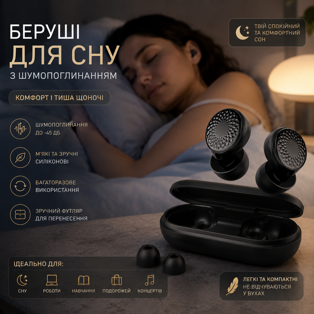 Беруши для сна силиконовые SKBA Matte Black шумоподавление 45 дБ — Многоразовые ушные зажимы для путешествий и концертов + кейс - Фото 1 Беруши для сна силиконовые SKBA Matte Black шумоподавление 45 дБ — Многоразовые ушные зажимы для путешествий и концертов + кейс - изображение 1