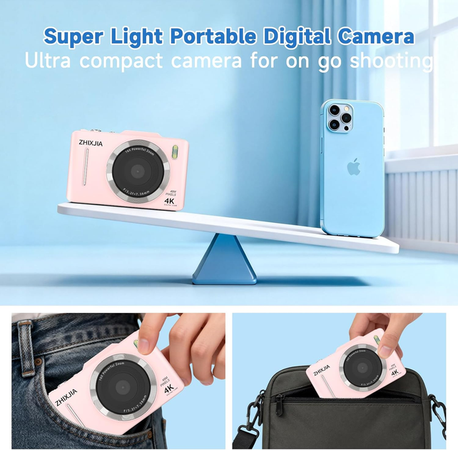 Цифровая компактная камера 4K 48MP ZHIZJIA H16 Pink — Компактный фотоаппарат для блогеров с автофокусом, 16x зумом и SD-32GB - Фото 6 Цифровая компактная камера 4K 48MP ZHIZJIA H16 Pink — Компактный фотоаппарат для блогеров с автофокусом, 16x зумом и SD-32GB - изображение 6