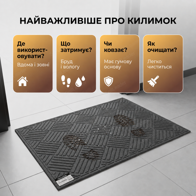 Придверный коврик HomeStar Т-02 60х90см антискользящий прямоугольный для квартиры дома дверной коврик серый - изображение 5