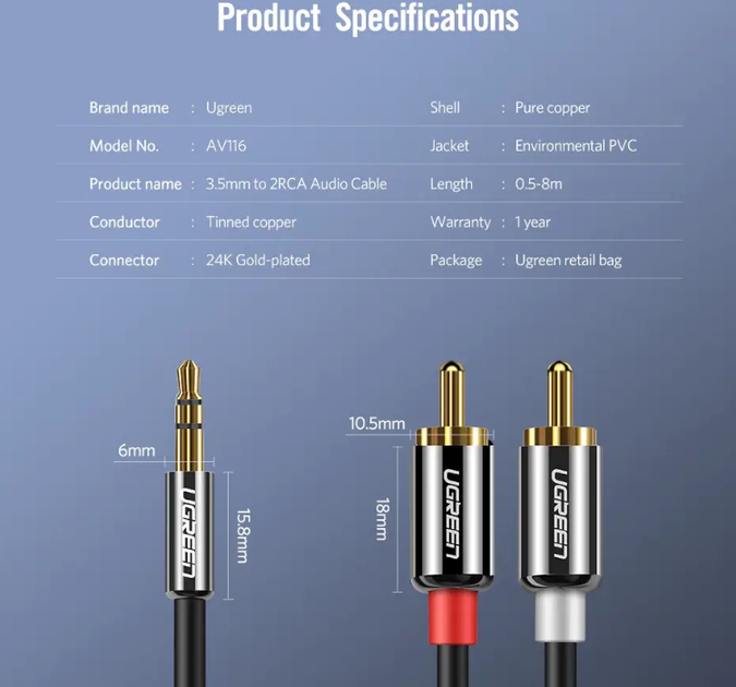 Кабель UGREEN AV102 3.5 mm to 2RCA Audio Cable 1 m Black (10772) - изображение 3