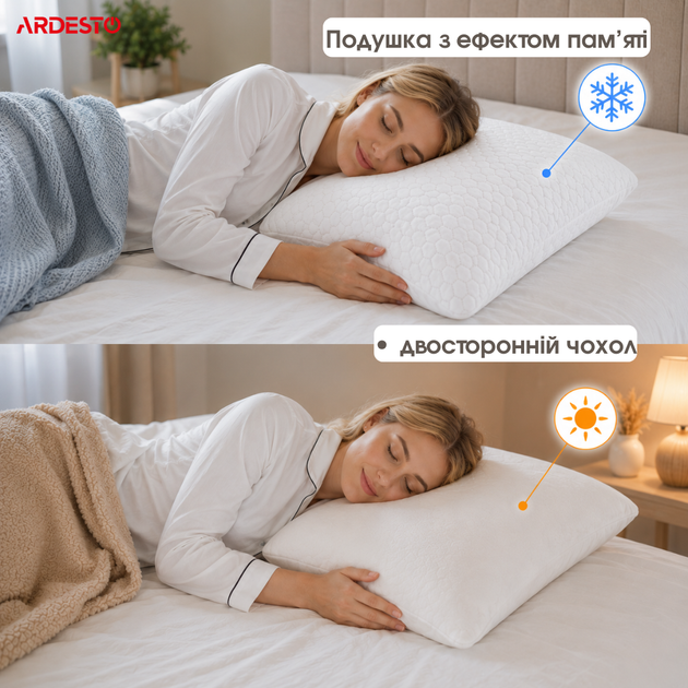 Подушка ортопедическая ARDESTO Белая Sleepwell Warm&Cold Измельченная пена мемори 60х40 см (ART6040SWC) - Фото 3 Подушка ортопедическая ARDESTO Белая Sleepwell Warm&Cold Измельченная пена мемори 60х40 см (ART6040SWC) - изображение 3
