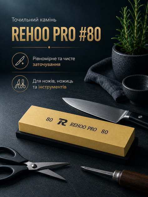 Точильний камінь REHOO PRO #80 водний абразивний брусок для полірування та ультратонкого заточування ножів - зображення 2