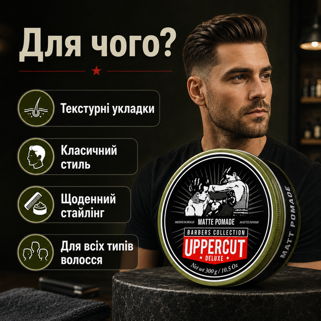 Матовая помада для волос Uppercut Deluxe Matt Pomade Barber Tin 300 г средняя фиксация водная основа профессиональный стайлинг - изображение 5