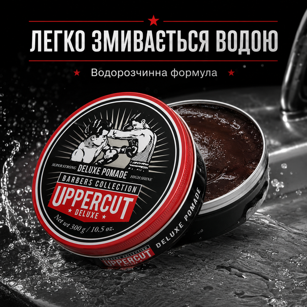 Помада для волосся Uppercut Deluxe Pomade Barber Tin 300 г сильна фіксація сильний блиск водна основа професійний стайлінг - зображення 6