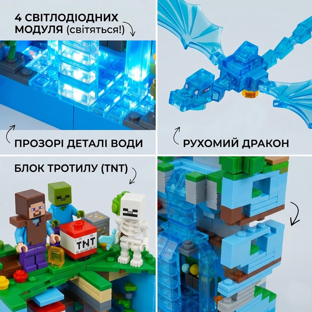 Конструктор Майнкрафт з LED підсвіткою Minecraft Вежа з Драконом , 898 деталей, 7 фігурок та рухомий Дракон Льоду - зображення 4
