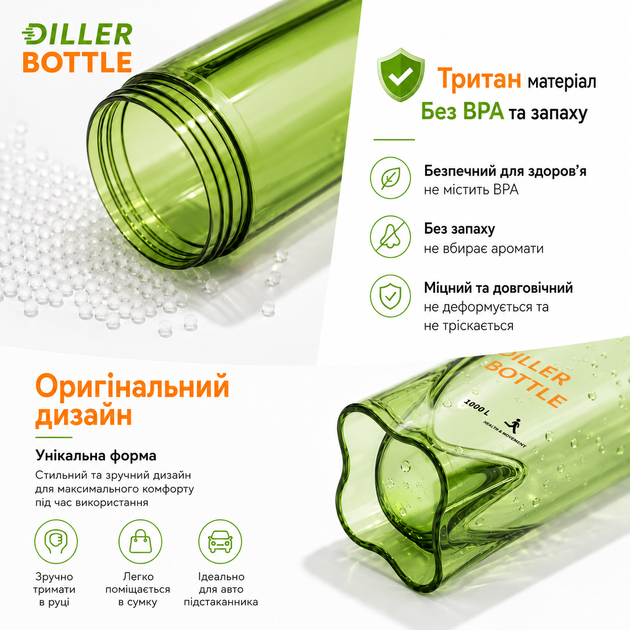 Тритановый шейкер Diller Bottle 700 мл с металлическим шариком (BPA Free) зеленый - Фото 4 Тритановый шейкер Diller Bottle 700 мл с металлическим шариком (BPA Free) зеленый - изображение 4