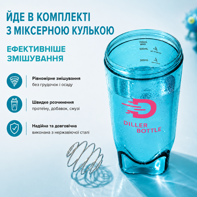 Тритановый шейкер Diller Bottle 700 мл с металлическим шариком (BPA Free) голубой - изображение 6