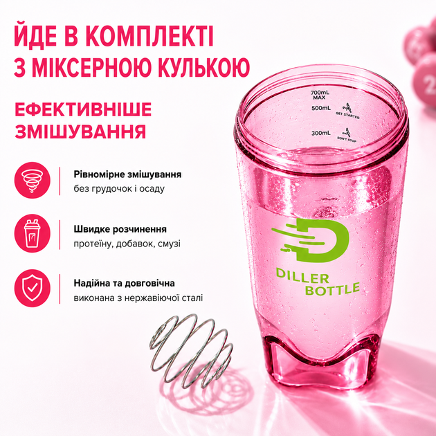 Тритановый шейкер Diller Bottle 700 мл с металлическим шариком (BPA Free) розовый - изображение 7