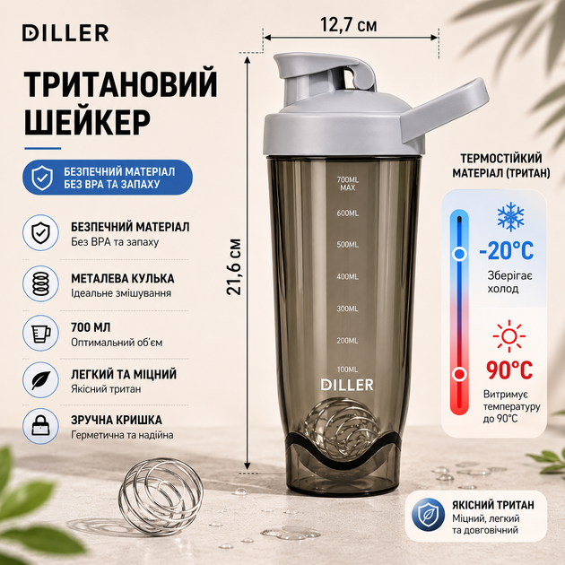 Тритановый шейкер Diller Bottle 700 мл с металлическим шариком (BPA Free) серый - Фото 6 Тритановый шейкер Diller Bottle 700 мл с металлическим шариком (BPA Free) серый - изображение 6