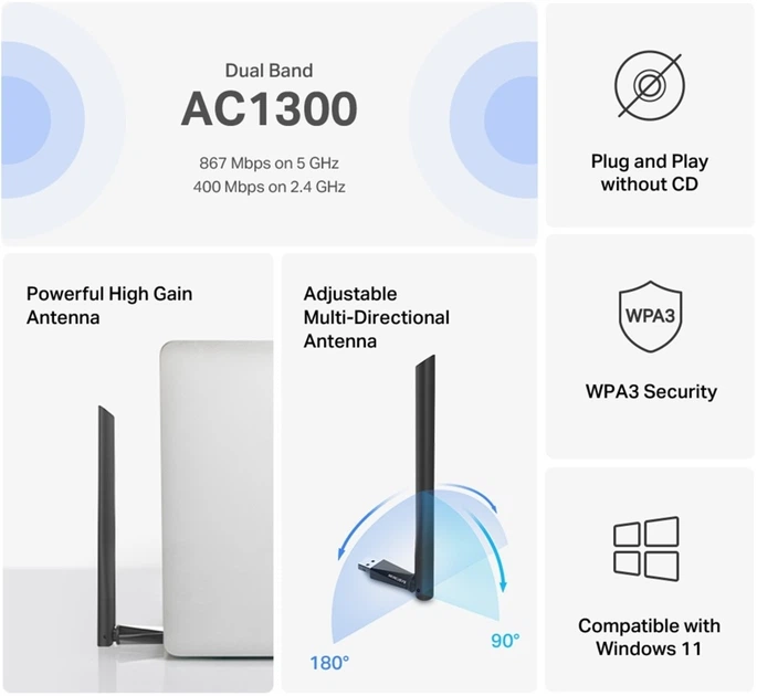 USB-адаптер Mercusys AC1300 (MA30H) (7086720) - изображение 5