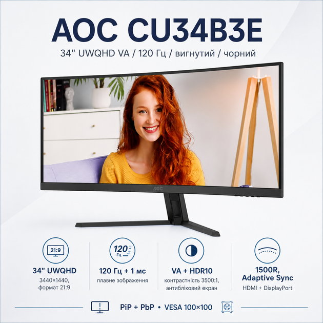 Монитор 34" AOC CU34B3E 3440x1440 UWQHD VA 120Гц HDMI DisplayPort изогнутый 1500R Черный - изображение 2