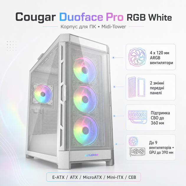 Корпус для ПК Cougar Duoface Pro RGB Midi-Tower без БЖ E-ATX/ATX/MicroATX/Mini-ITX/CEB ARGB White - зображення 2