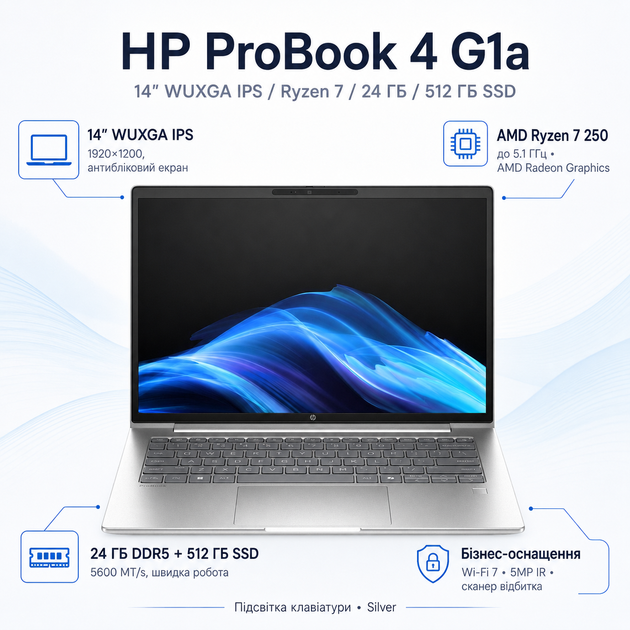 Ноутбук HP ProBook 4 G1a 14" WUXGA IPS AMD Ryzen 7-250 24Gb SSD 512Gb Radeon Graphics Silver (AX6J0AV_V8) - изображение 2