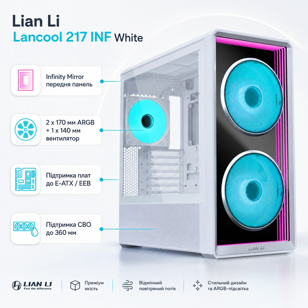 Корпус для ПК Lian Li Lancool 217 INF Midi-Tower без БП E-ATX/ATX/MicroATX/Mini-ITX/EEB ARGB White (G99.LAN217INFW.00) - изображение 2
