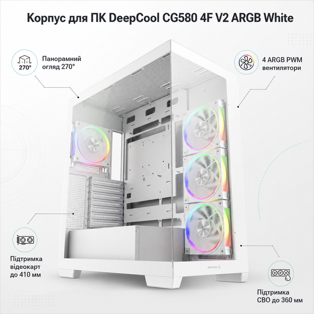 Корпус для ПК DeepCool CG580 4F V2 Midi-Tower без БП ATX/MicroATX/Mini-ITX ARGB White (R-CG580-WHADA4-G-2) - изображение 2