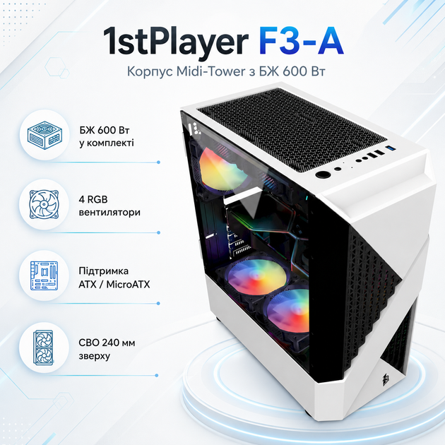 Корпус для ПК 1stPlayer F3-A Midi-Tower ATX/MicroATX 600W RGB White (F3-A-4F1) - изображение 2
