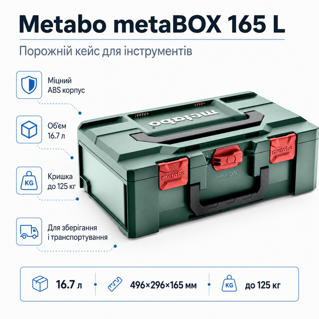 Кейс для инструмента Metabo metaBOX 165 16.7L пластиковый Зеленый (626889000) - изображение 2
