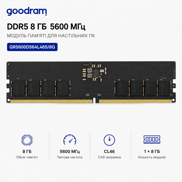 Оперативная память Goodram 8GB DIMM DDR5 5600 MHz Black (GR5600D564L46S/8G) - изображение 2