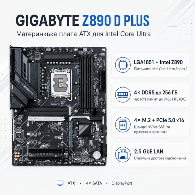 Материнська плата GIGABYTE Z890 D PLUS ATX sLGA1851 Intel Z890 4xDDR5 4xM.2 4xSATA DP 2.5 GbE Black - зображення 2