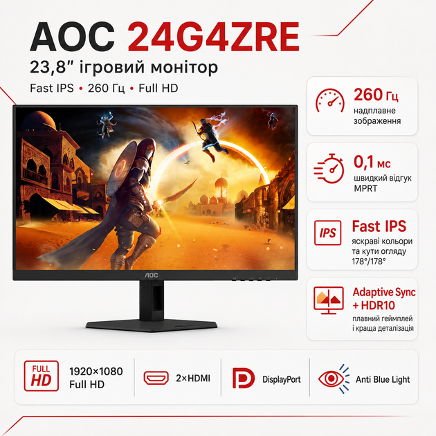 Монітор 23.8" AOC 24G4ZRE 1920x1080 Full HD Fast IPS 260 Гц з G-Sync Compatible Adaptive Sync 2xHDMI DP - зображення 2