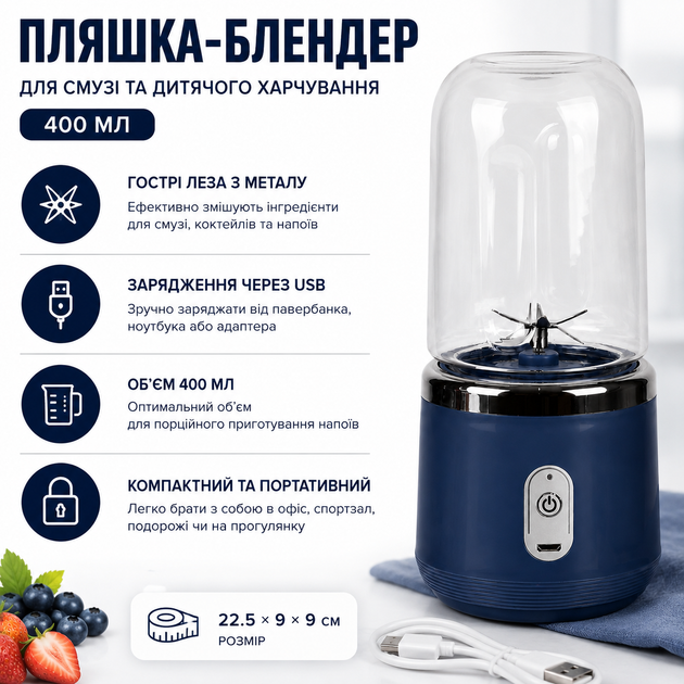 Пляшка-блендер для смузі та дитячого харчування R97700 400 мл 22.5х9х9 см акумуляторний Темно-синій - зображення 2