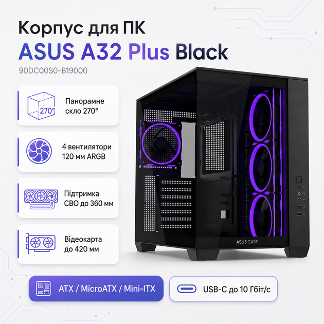 Корпус для ПК ASUS A32 Plus Midi-Tower без БП ATX/MicroATX/Mini-ITX ARGB Black (90DC00S0-B19000) - изображение 2