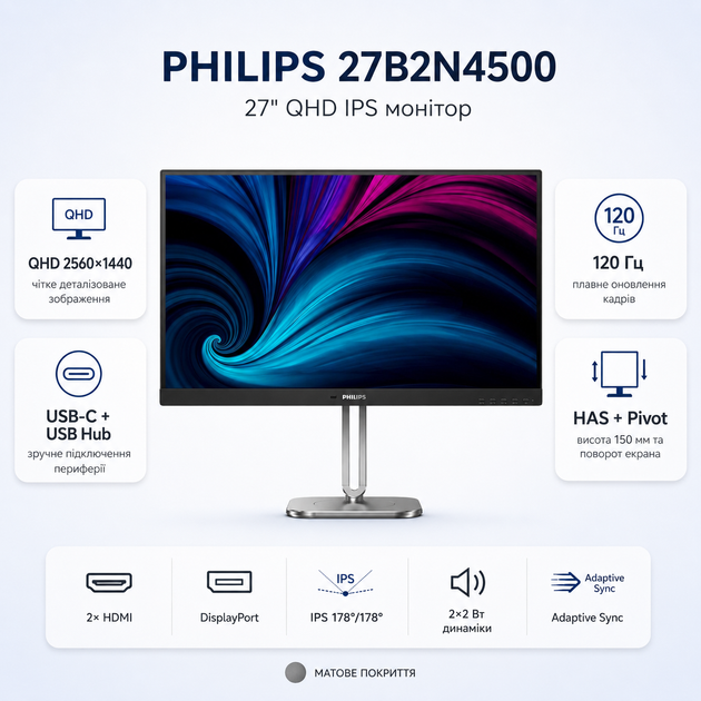 Монитор 27" Philips 27B2N4500 QHD IPS 120Hz 2xHDMI DP USB-hub HAS Pivot с динамиками (27B2N4500/00) - изображение 2