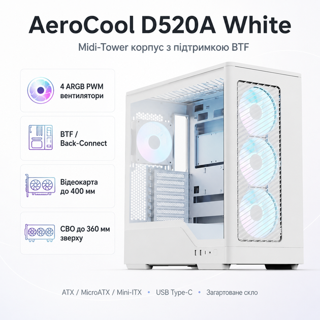 Корпус для ПК AeroCool D520A Midi-Tower без БП ATX/MicroATX/Mini-ITX BTF ARGB White (ACCM-DS05143.21) - изображение 2