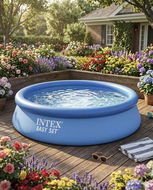 Надувной бассейн MaxPro Intex 28143-11в1 синий из ПВХ круглый на 7290 л с подстилкой ручным насосом стремянкой фильтром 3785 л/ч картриджами альгениксом хлором в таблетках тентом сачком и пылесосом 396 х 84 см (9-163-28143-11 MaxPro) - изображение 5