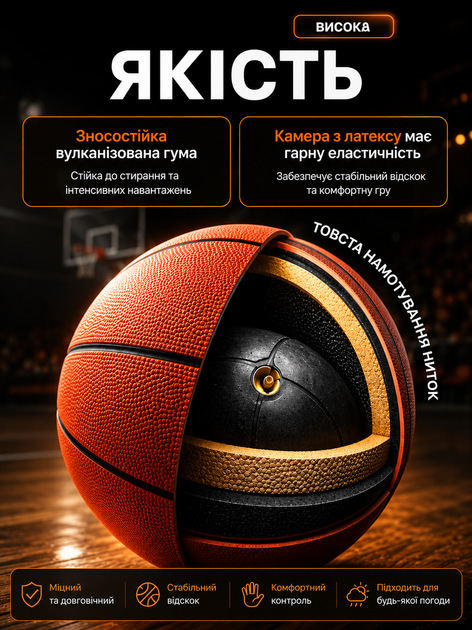 Баскетбольный игровой прочный мяч SPORTS размер №7 универсальный для игры на улице и в зале - изображение 5