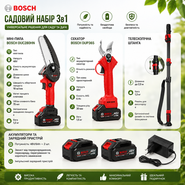 Универсальный аккумуляторный садовый набор Bosch 3 в 1 с двумя аккумуляторами - изображение 4