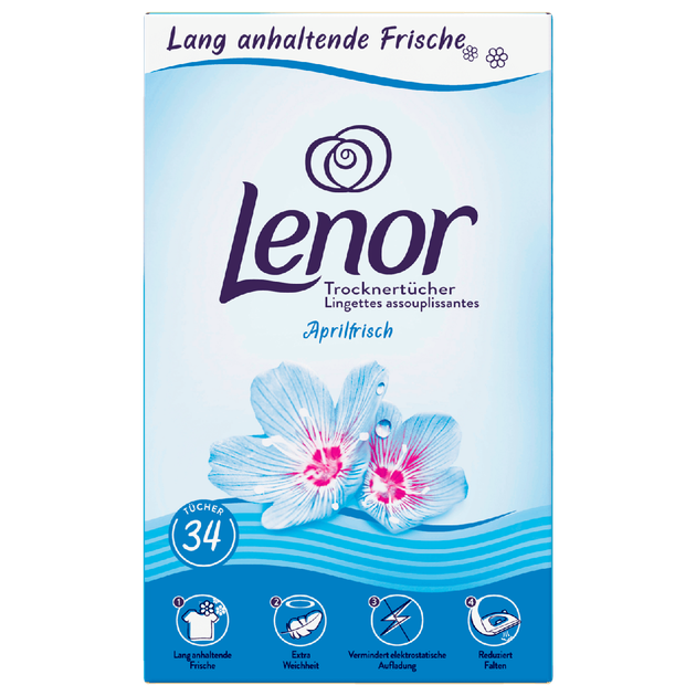 Ароматизовані серветки Lenor (Квітнева свіжість) для сушки білизни (34 шт) - Фото 1 Ароматизовані серветки Lenor (Квітнева свіжість) для сушки білизни (34 шт) - зображення 1