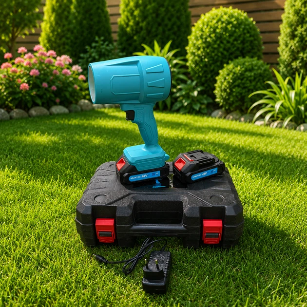 Воздуродувка аккумуляторная Krafftec Germany PRO 48V 6Ah бесщеточная, 2 аккумулятора, 850 Вт, 220 м/с, кейс, синяя - изображение 2