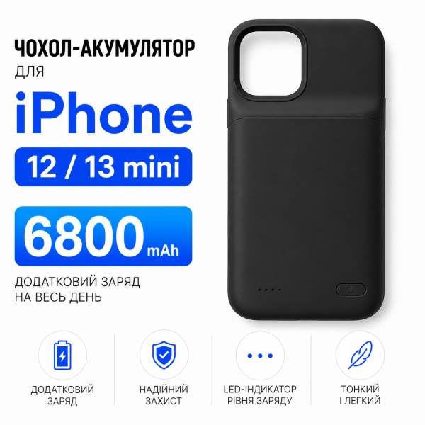 Чехол-зарядка Power Case для iPhone 12 Mini/13 mini (6800 mAh) Black - изображение 2