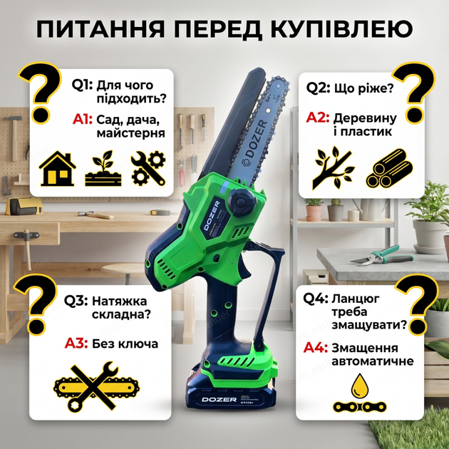 Мини цепная пила Dozer М-2025 2АКБ 2Аh шина 25см для обрезки веток кустов электропила 20В автосмазка цепная - Фото 4 Мини цепная пила Dozer М-2025 2АКБ 2Аh шина 25см для обрезки веток кустов электропила 20В автосмазка цепная - изображение 4