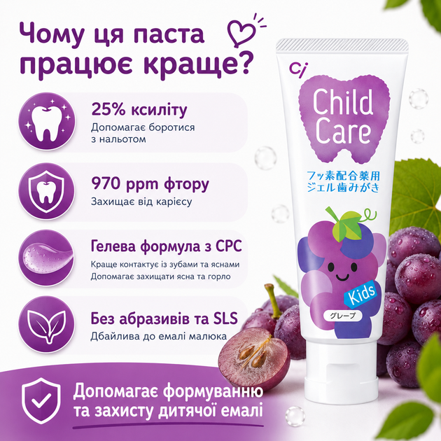 Дитяча японська зубна паста від 0 до 8 років 70г Виноград Ci Child Care (4589898130724_зубна паста) - зображення 4